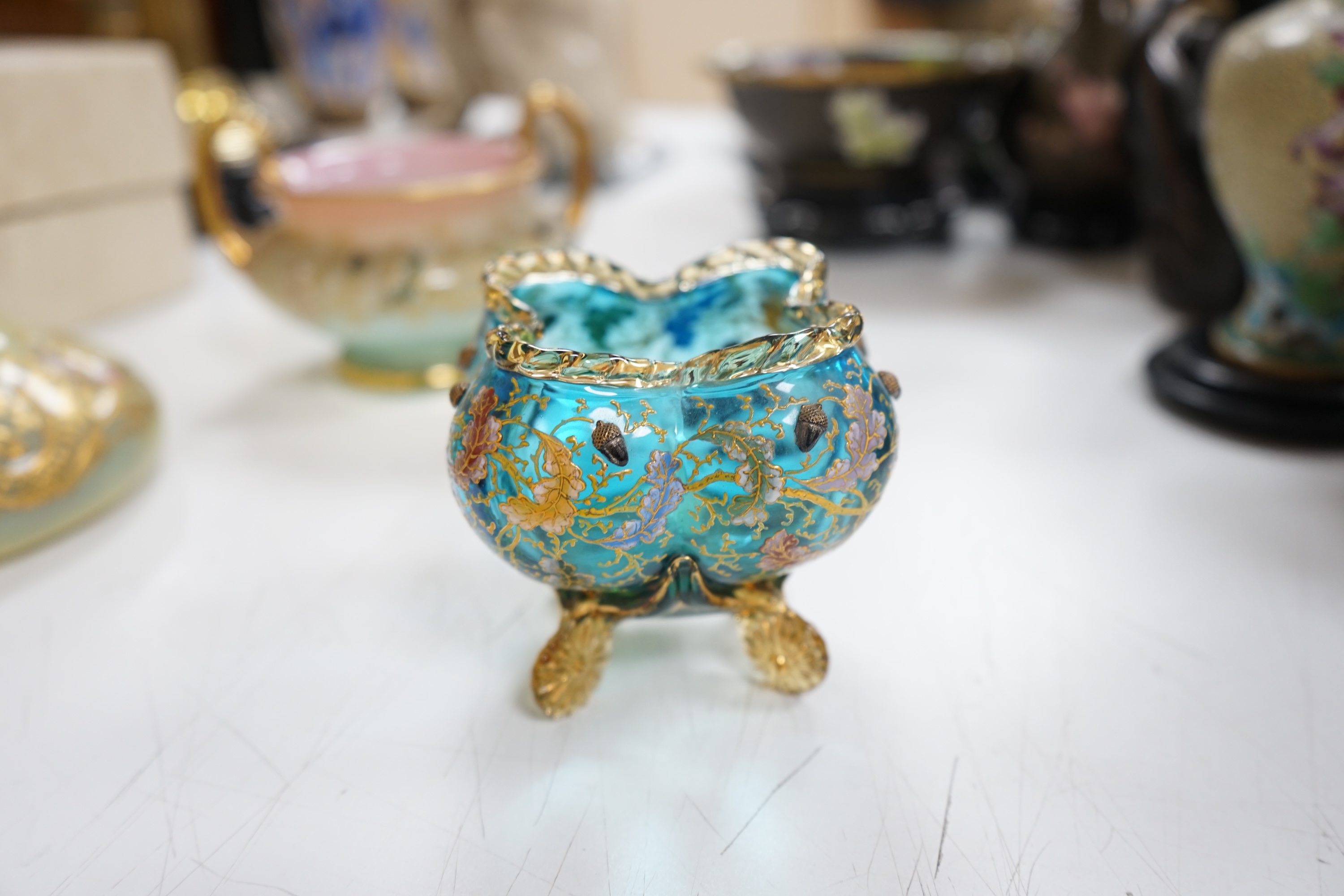 Three Bohemian gilt decorated glass vessels, including two Moser bowls and a tall Vaseline vase, 34.5cm high. Condition - good.